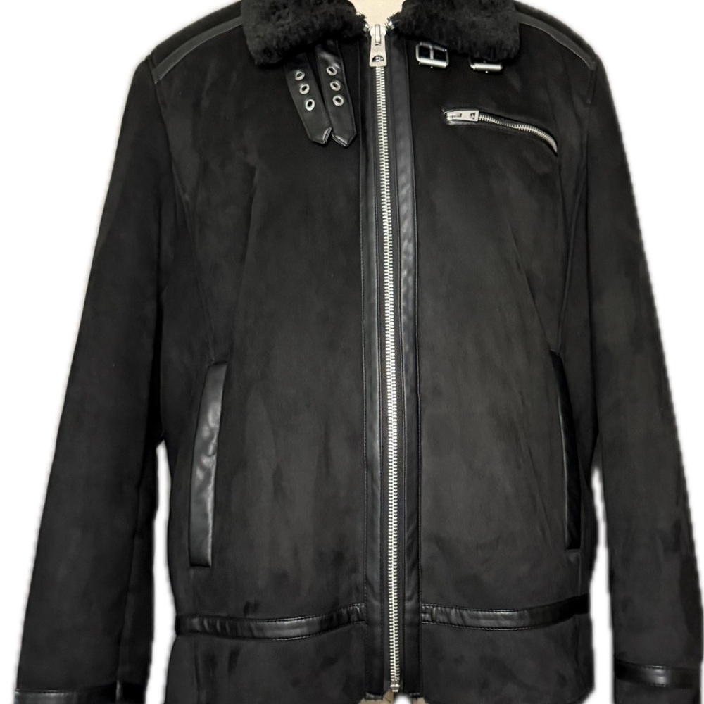 Guess Men's Black Faux Suede Shearling Jacket